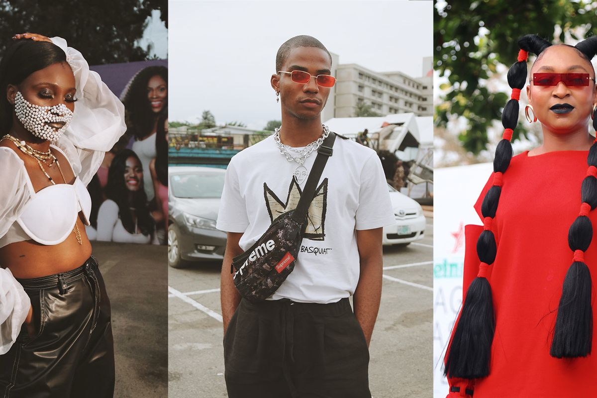 Nigerian woman bearing her midriff, Nigerian man wearing Supreme and Nigerian woman wearing a red dress, braids and sunglasses.